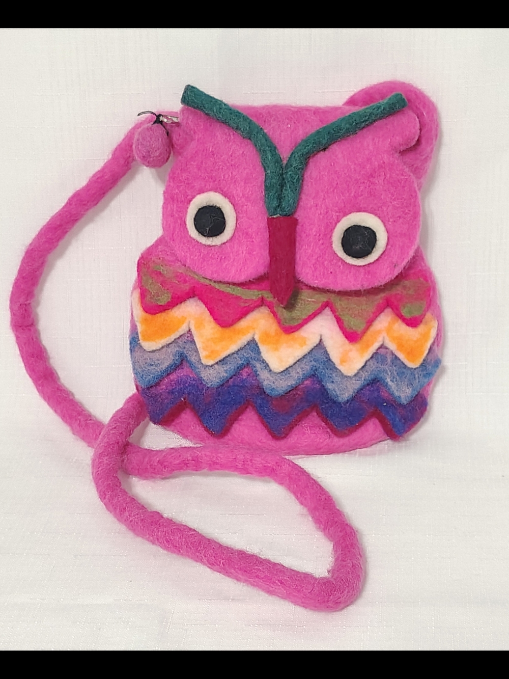 Pink Wool Felt OWL BAG Made In NEPAL Handmade Multi-color Accents 43" Strap